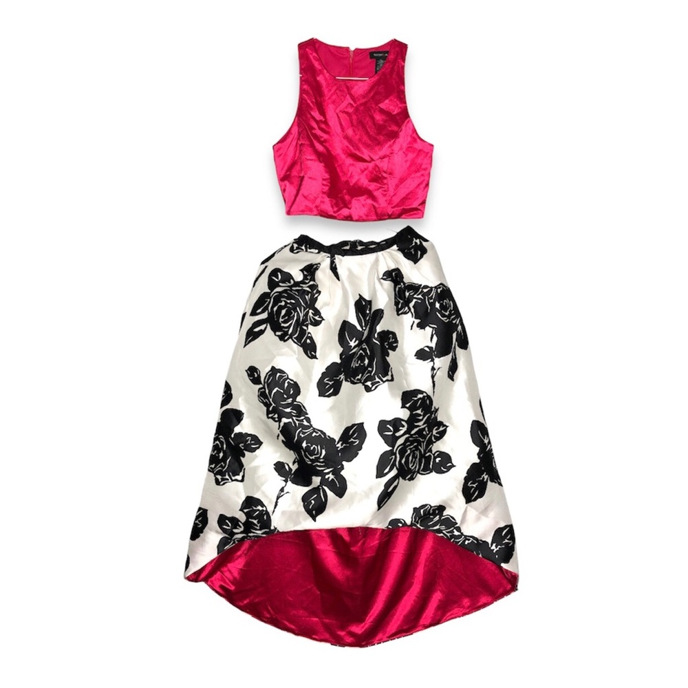 Teeze Me 2 piece Dress Hot pink Top high-low Floral A-line Skirt Set Prom Party